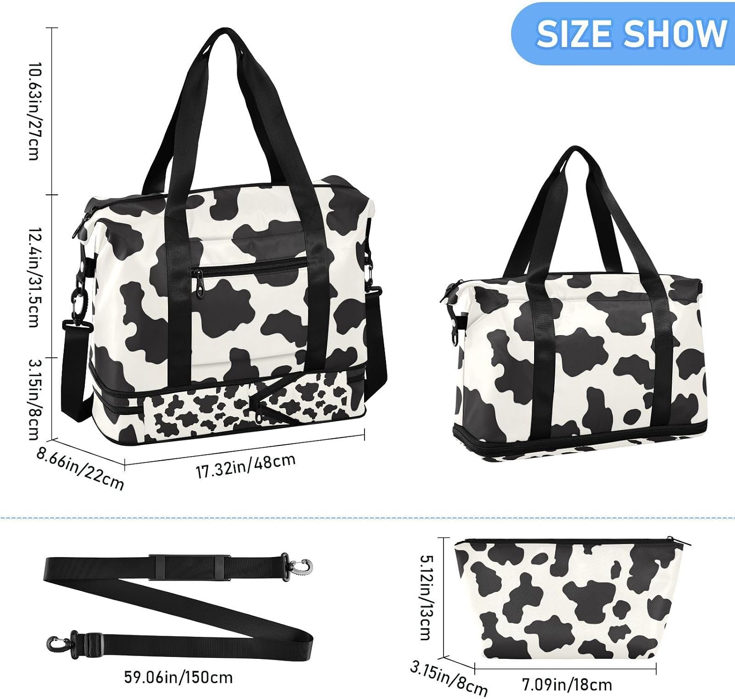 Black and White Cow Print Travel Tote Bag Gym Bag with Toiletry Bag for Trip Large Capacity