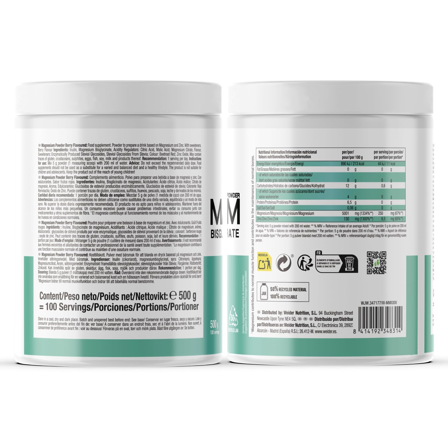 Weider Magnesium Powder (500g) Goût Fruits Rouges, 250mg /portion Bisglycinate et Citrate de Magnésium en poudre avec du Zinc, Aide aux Muscles et Os, Réduit la Fatigue, Sans Sucres Ajoutés, Végan