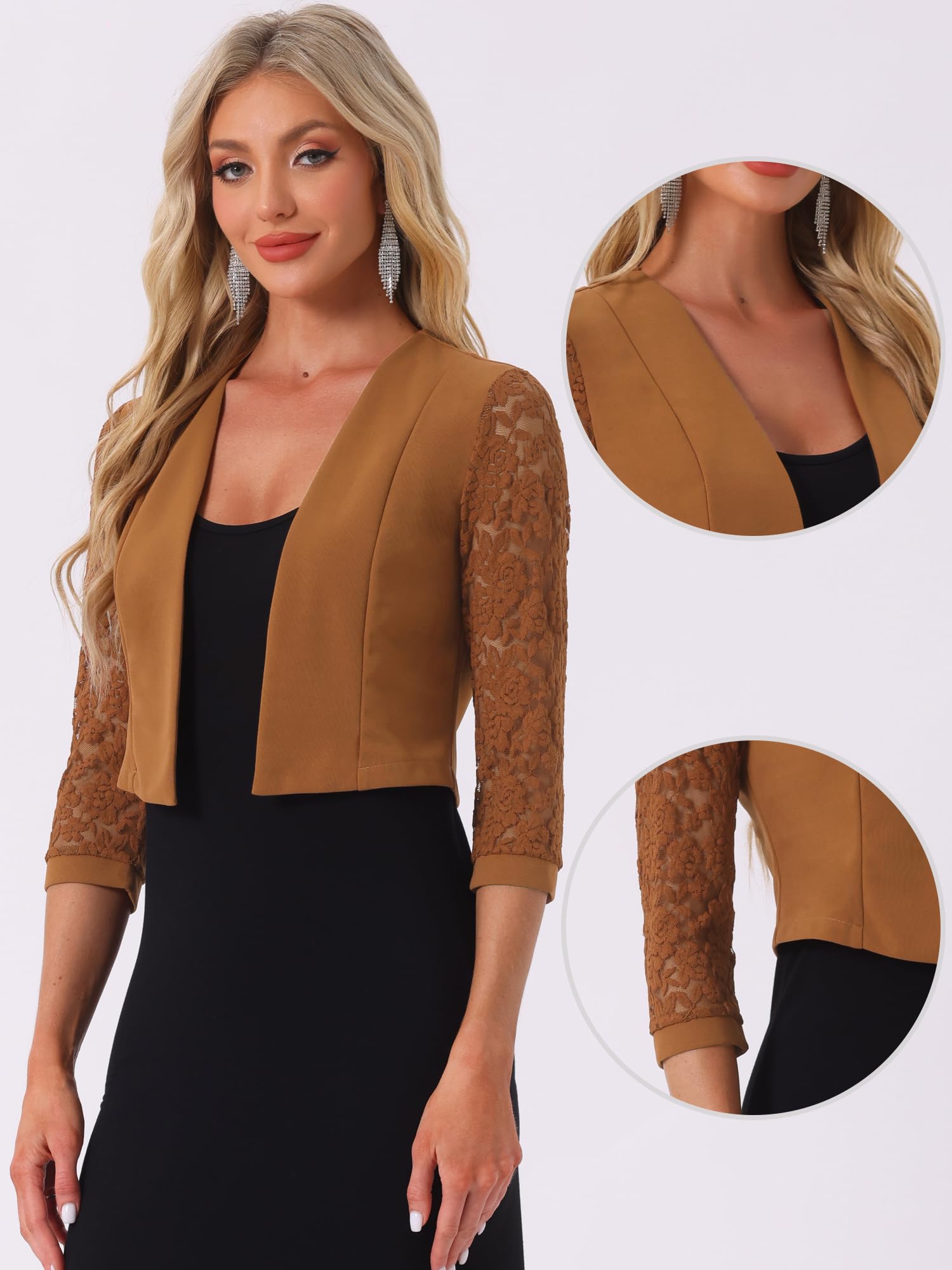 Allegra K Donna Abito Cardigan Pannello in Pizzo Aperto sul Davanti Manica Lunga Lavoro Ufficio Crop Bolero Coprispalle