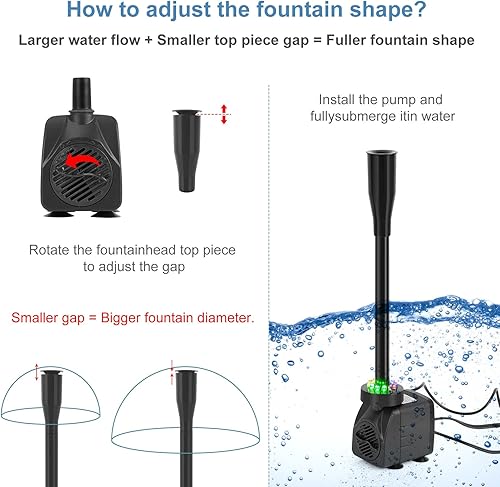 Miniatura 7 de Bomba sumergible de fuente de estanque de 256 GPH con luz LED, bomba de agua de 15 W y 7.2 pies, bomba de acuario con 3 boquillas, bomba de fuente