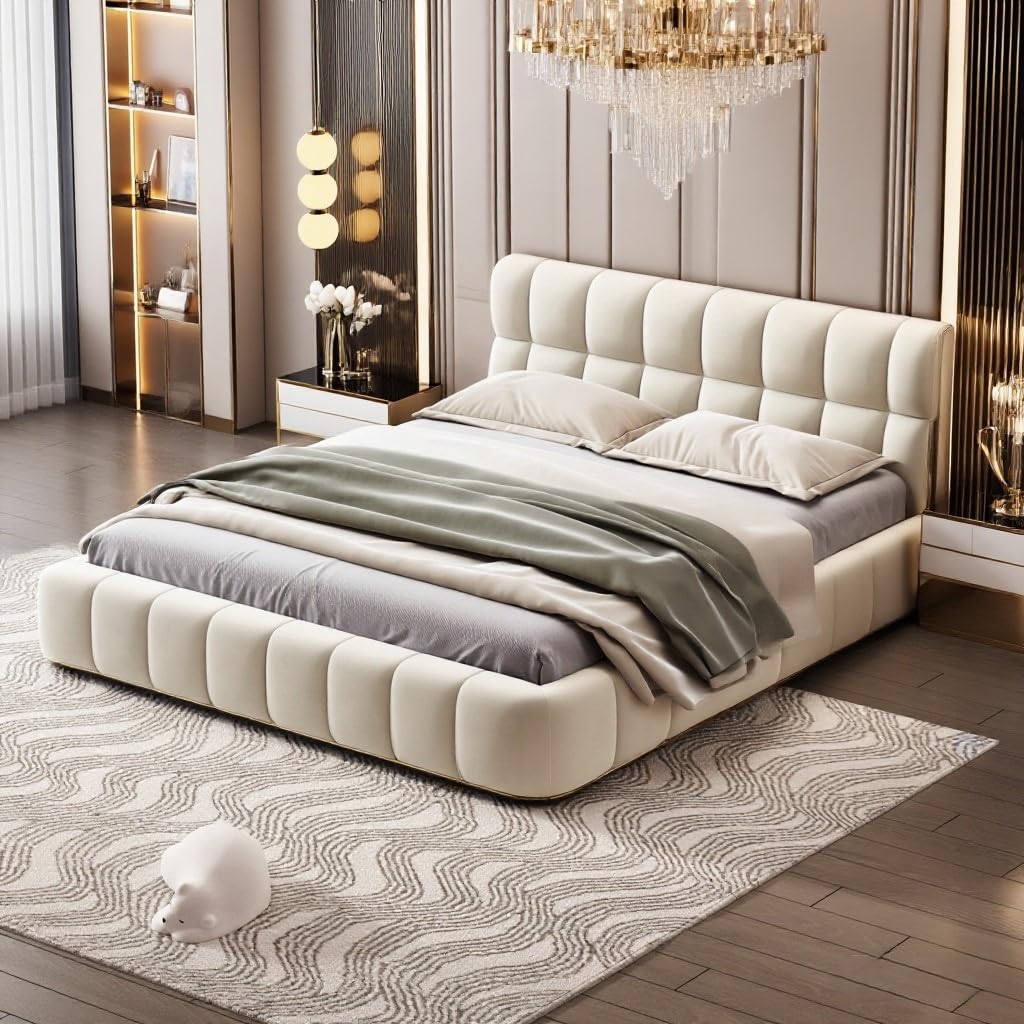 BRILVERDE Letto imbottito Bubble 140x200 cm, letto matrimoniale con rete a doghe, morbida schienale, letto singolo a basso profilo, in lino, colore beige (Beige, 140x200 cm)