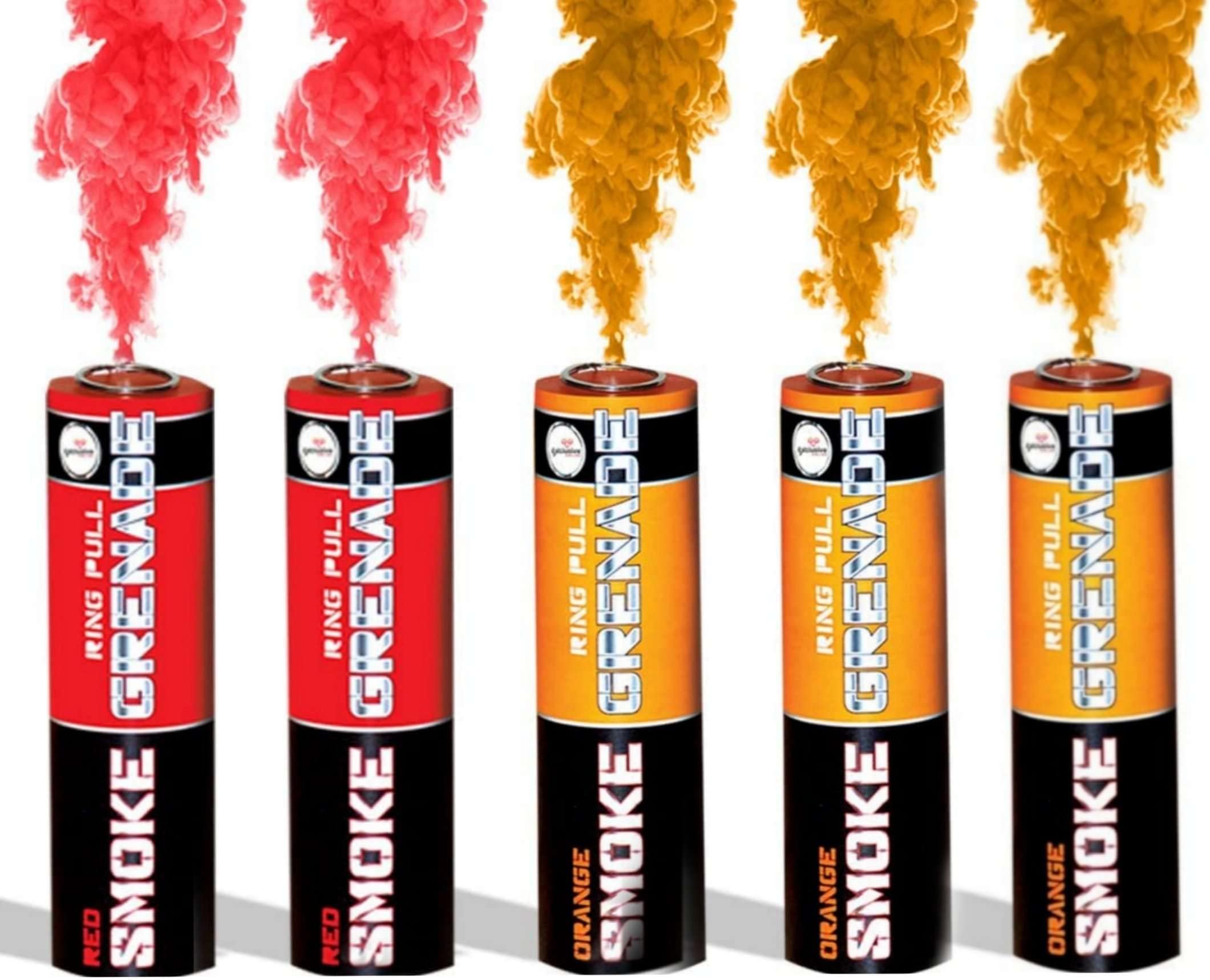 EXCLUSIVE ONLINE Pack of 5 Mixed Colour Ring Pull Smoke Grenades with Ideal for Paintball Weddings Photoshoots & Special Effects - 3 Orange & 2 Red
