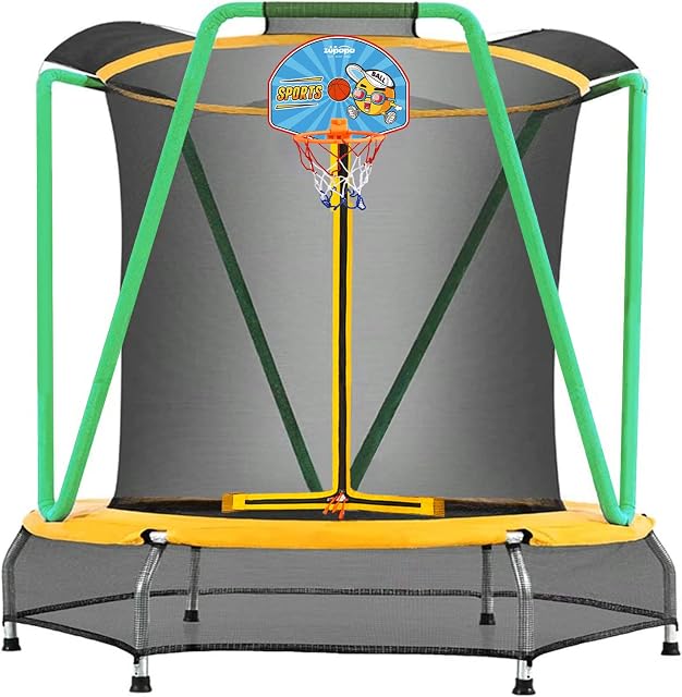 Zupapa Trampoline for Kids Toddler with Enclosure Net Basketball Hoop Mini Small Trampolines for Indoor Outdoor Gift for Children Baby Age 2-8,54inch,66inch