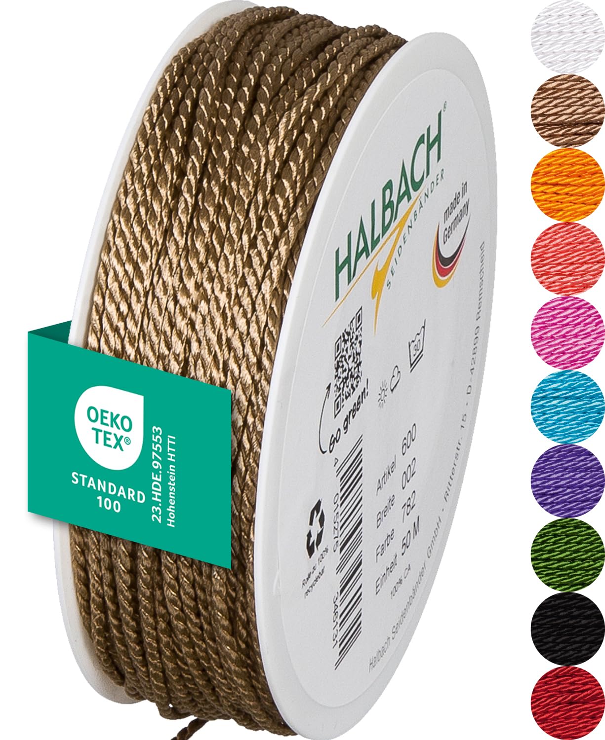 Halbach Seidenbänder Premium Kordel (Natur) | Breite 2mm Länge 50m | Made in Germany & Öko-Tex Zertifiziert | glänzende Satinkordel aus Acetat