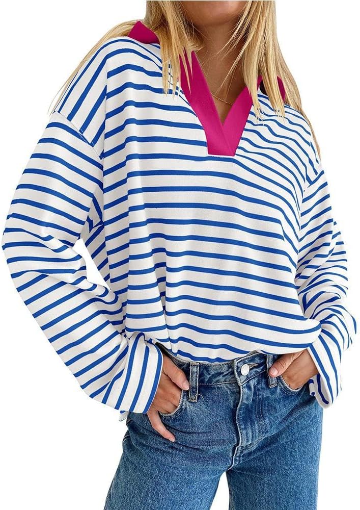 FMCHICO Womens Oversized Sweatshirt 2024 Striped Long Sleeve Casual V Neck Colorblock Pollover Tunic Tops