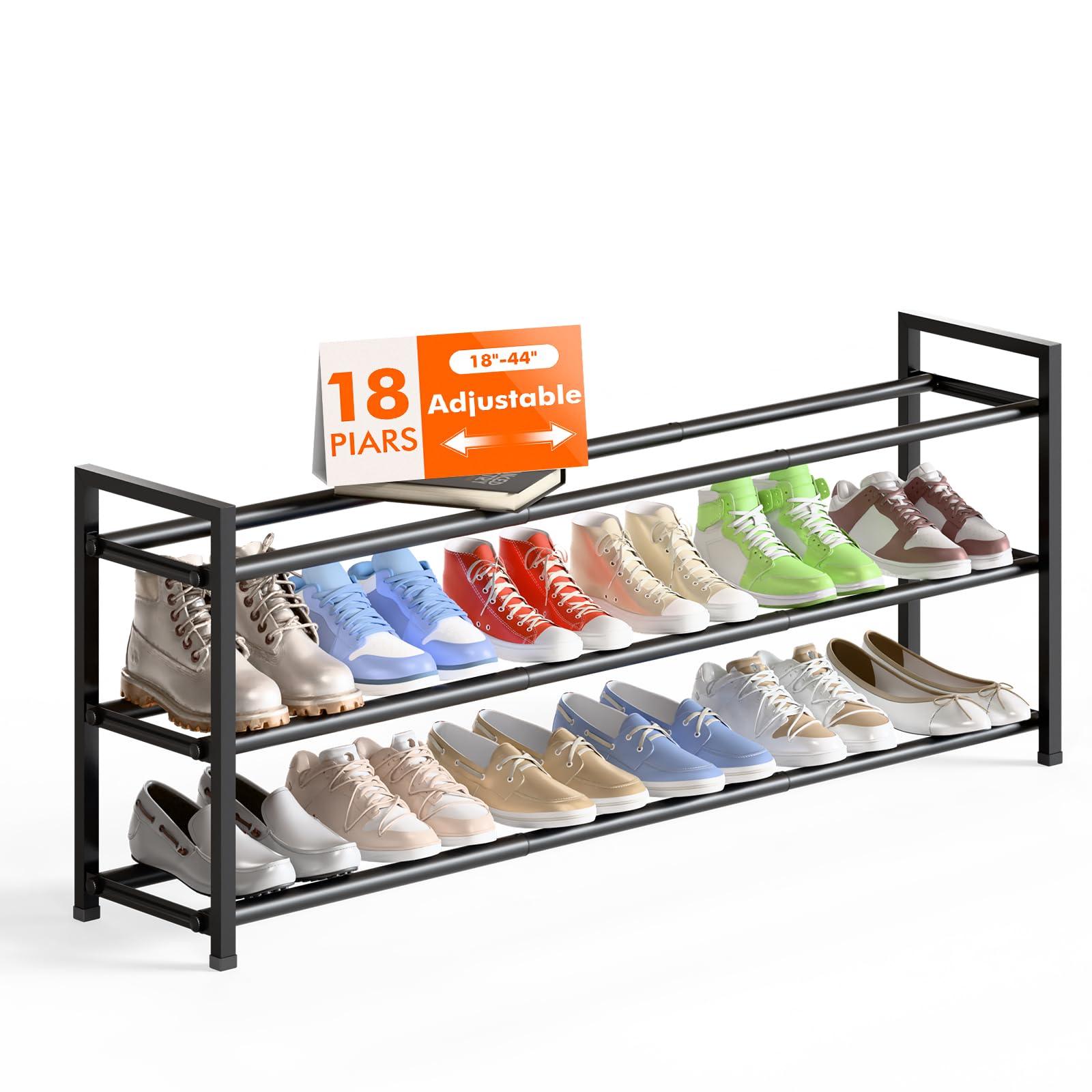 Bumusty 3-Tier Long Expandable Shoe Rack for Closet, 18"-44" Adjustable Shoe Rack for Entryway, 15-18 Pairs Large Shoe Organizer Shelf Storage, Sturdy Metal, Black