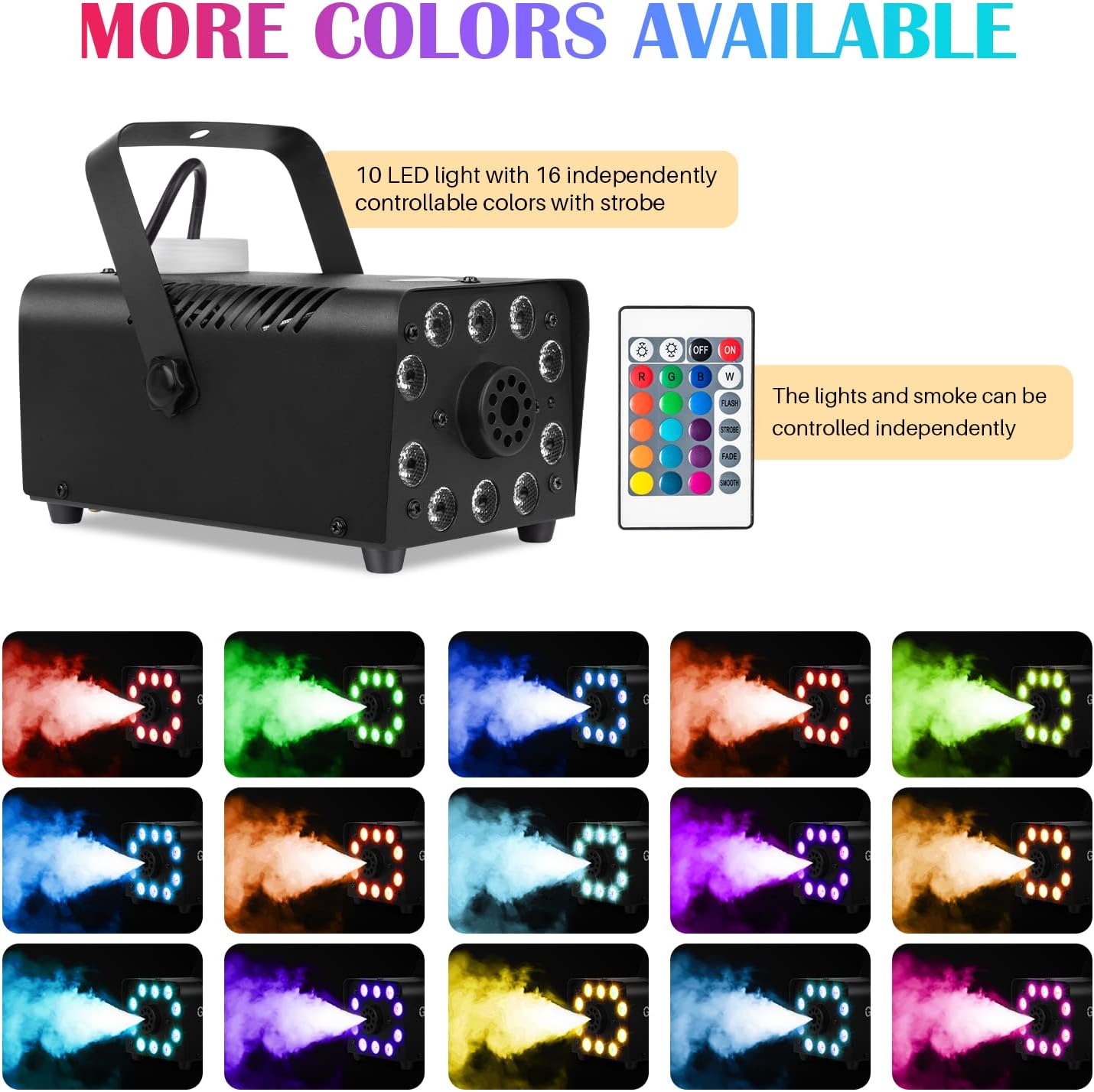 GEJRIO Fog Machine, 500W Smoke Machine with 16 Color Controllable Lights Effect, Automatic Fog Machine Outdoor with Wireless and Wired Remote Control for Christmas Halloween Parties & Stage : Musical Instruments
