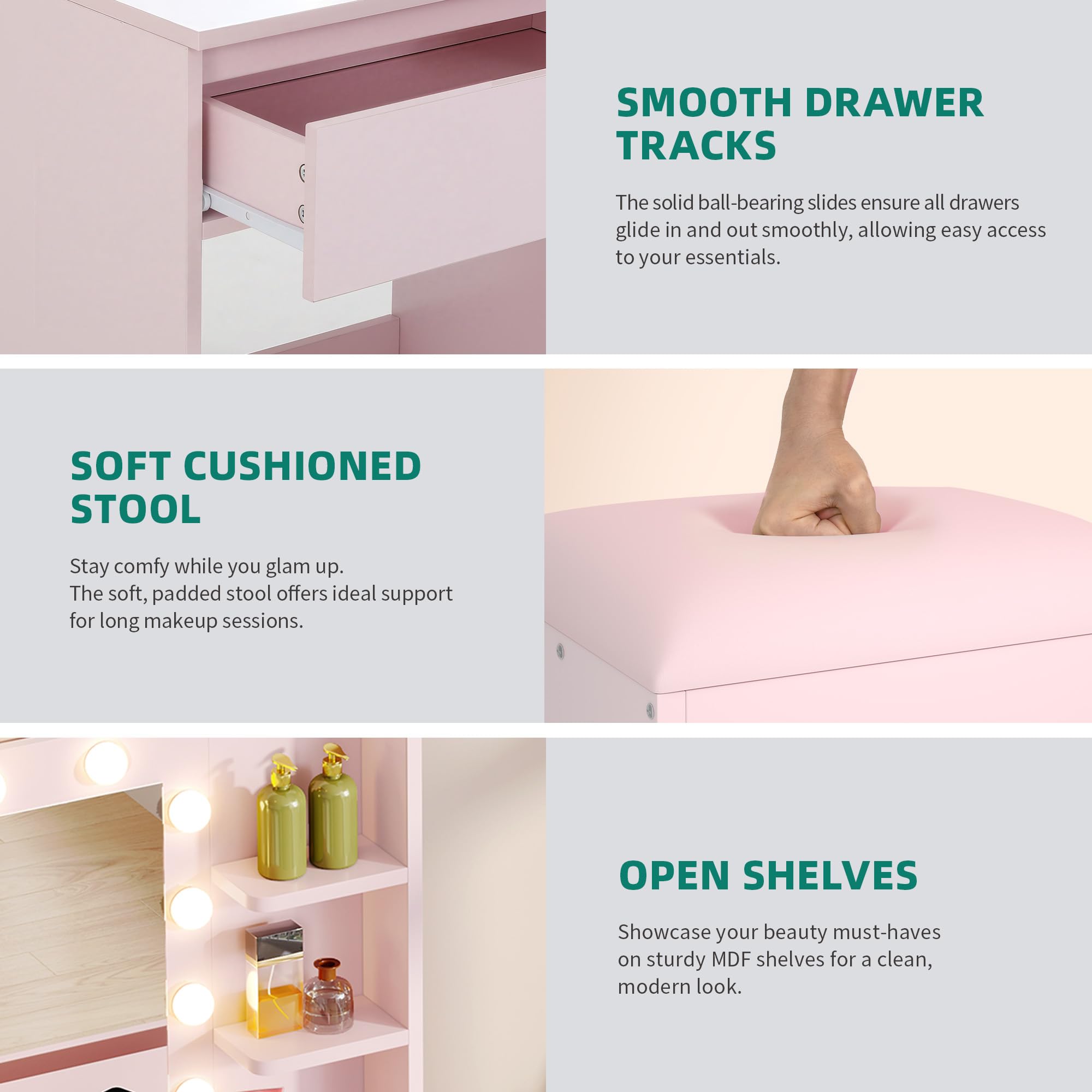 YITAHOME Schminktisch mit Beleuchtung, Dressing Table mit Spiegel Schminktische mit Hocker 3 Farben mit Einstellbarer Helligkeit, Frisiertisch mit 4 Schubladen Offenen Fächern Vanity Table Rosa