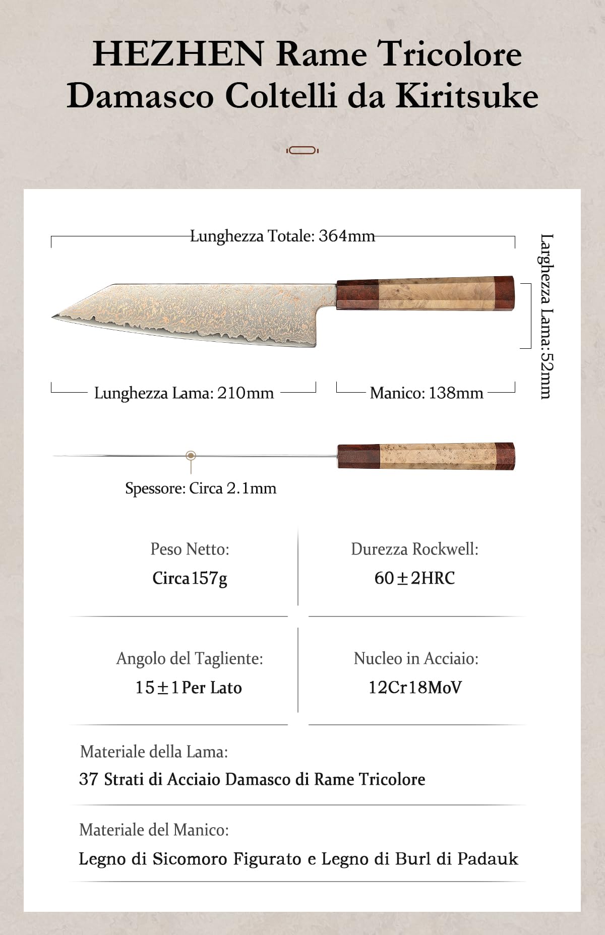 HEZHEN Coltello da Kiritsuke Damasco, Coltello da Cucina in Acciaio Damasco Coltello da Bunka, Manico Ottagonale in Legno