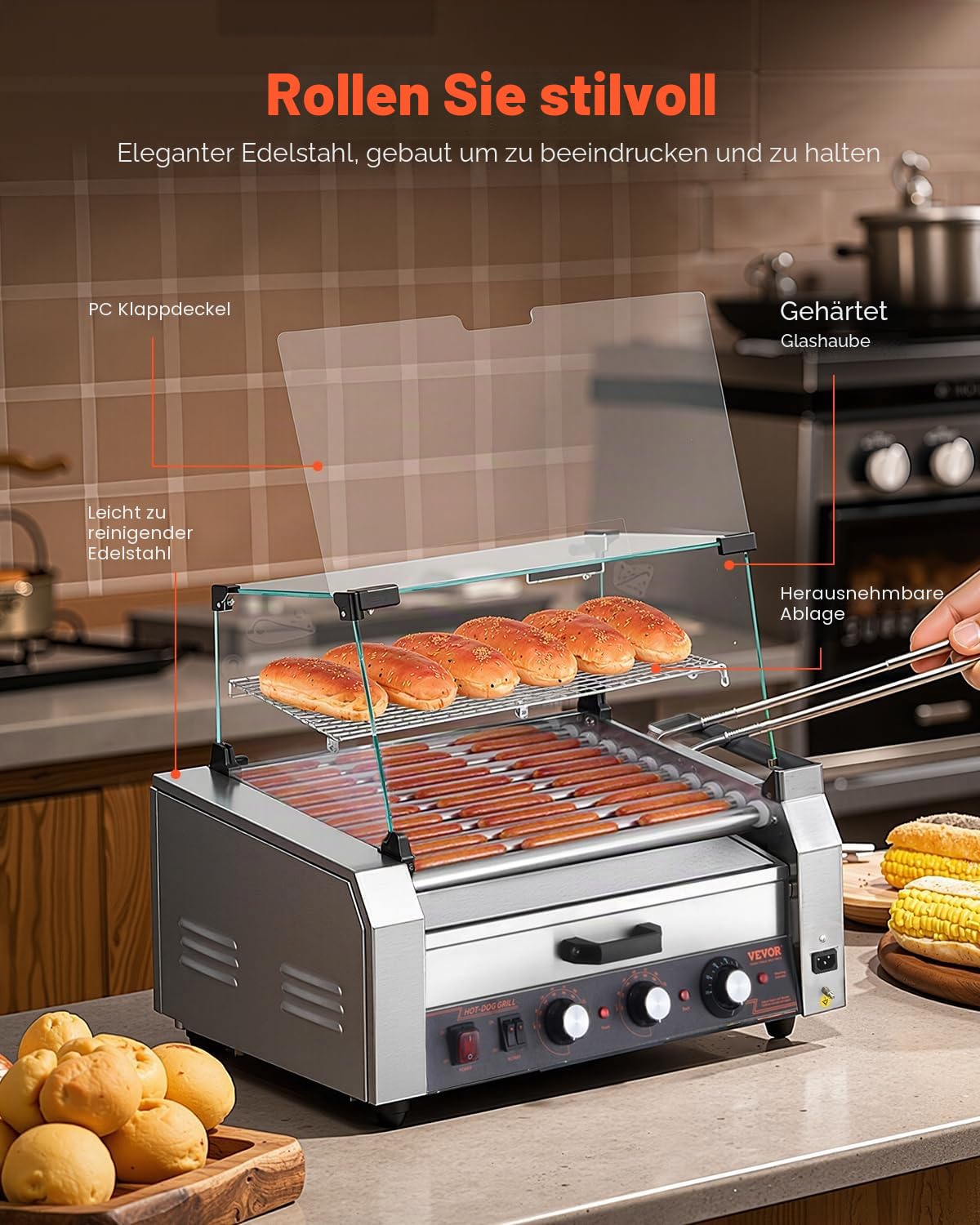 VEVOR Hot Dog Maschine 11 Rollen Edelstahl, 2400 W, Elektrogrill mit Brötchenwärmer & Abdeckung (Glas + PC) & 3 Temperaturregler & seitlicher Aufbewahrungsbox & Ölauffangschale