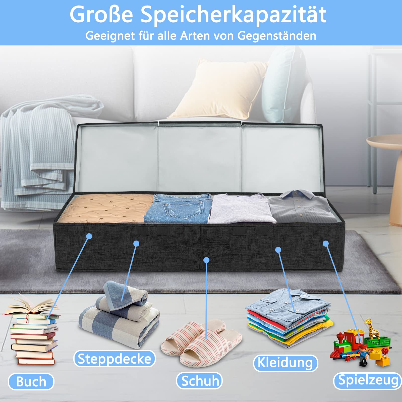 JUPELI Lot de 2 boîtes de rangement pliables noires - 15 cm de haut - Sous le lit - Avec couvercle et poignée - Pour couvertures, vêtements, couettes, jouets