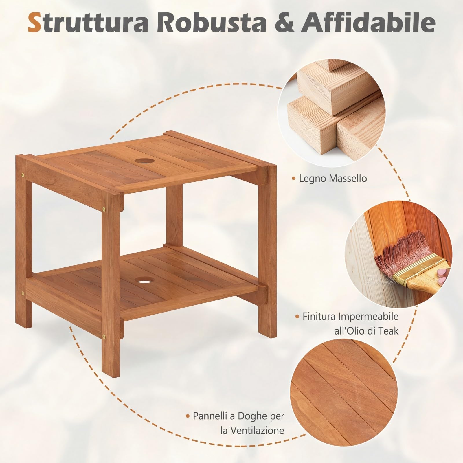 COSTWAY Tavolino da Esterno con Foro per Ombrellone 4 cm, Tavolo da Balcone in Legno Massello, a 2 Ripiani, Salvasapzio, per Giardino, Terrazzo, Cortile, Portata 40 kg, 51 x 48 x 45 cm