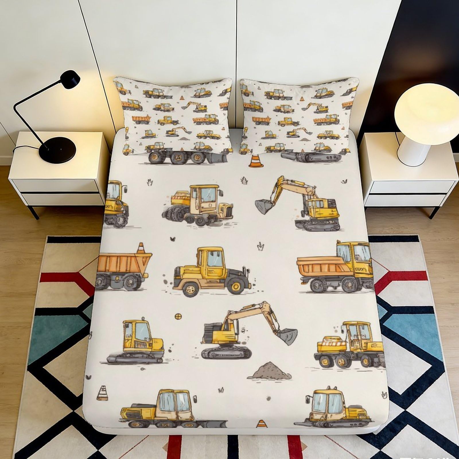 Pnayamiorkfel Style-10 3D Printed Construction Vehicles Fitted Sheet Microfiber Soft Breathable Trucks Bed Cover For Bedroom Dorm Decor 90X200x25cm