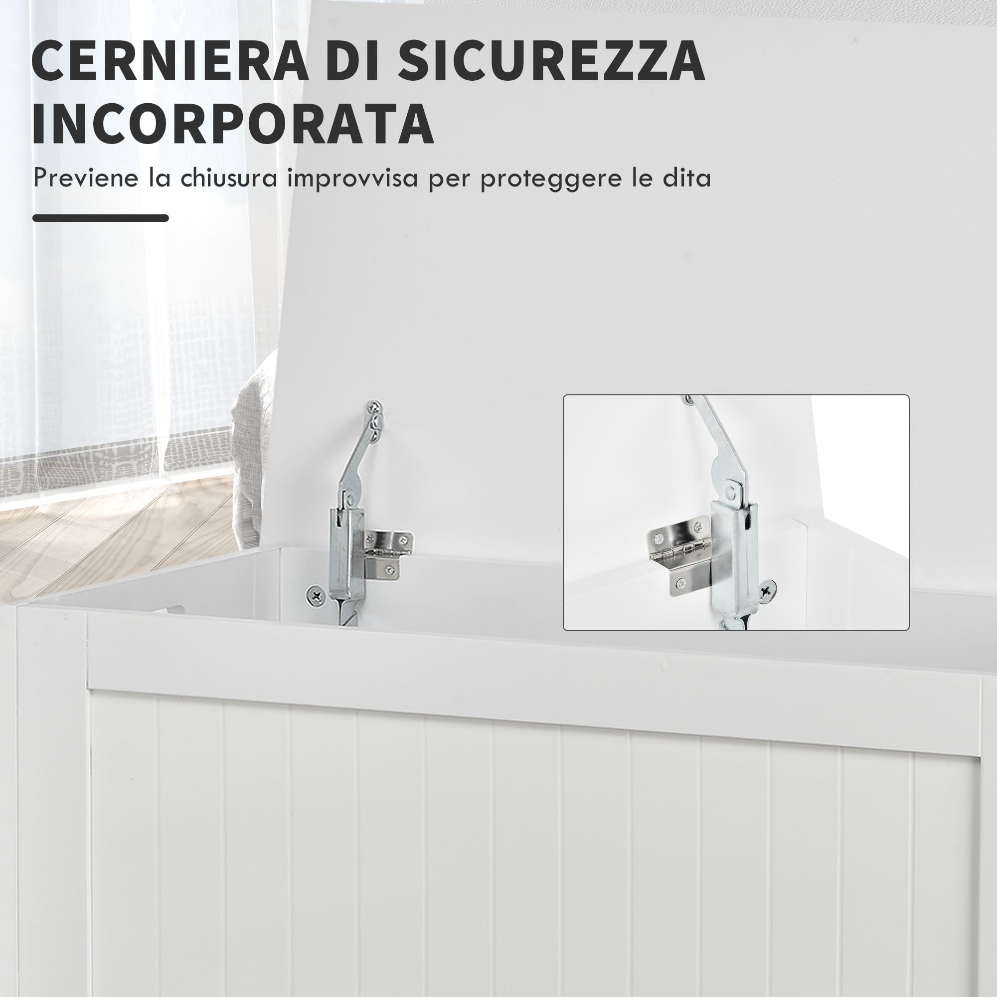 HOMCOM Panca Contenitore Multiuso in Legno MDF, 2 Maniglie e Apertura con Blocco di Sicurezza, 81x40x46cm, Bianco