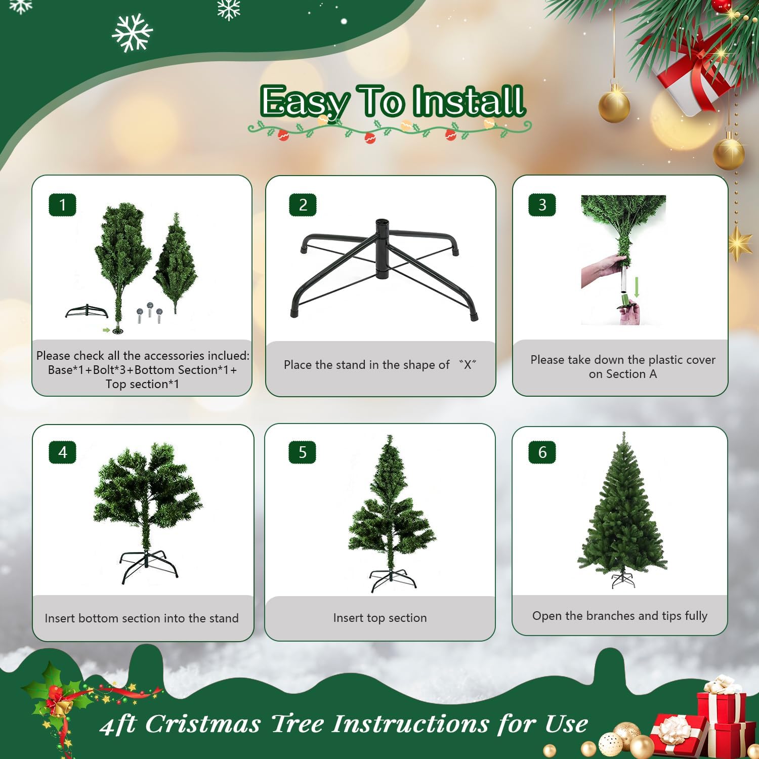 4ft Green Prelit Artificial Christmas Tree, Arbol de Navidad Premium Spruce Xmas Tree with 450 Branch Tips, 150 Warm Lights, Foldable Metal Base Stand