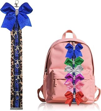 ALIBBON Cheer Bow Holder Glitter Royal Blue Leopard Print Hair Bow Holder Cheer Keychain for Cheerleading Backpack Bag Cheerleader Gifts Sports Cheerleading Bows Storage Hanging Ribbon Chain 5 Clasps