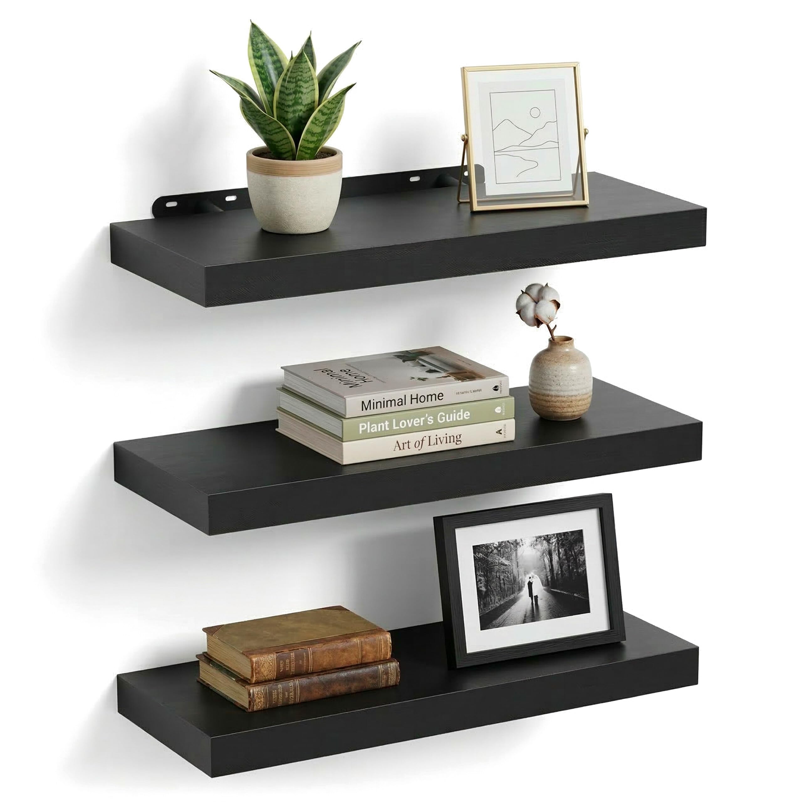 Relaxdays Estantería de Pared Set de 3, Efecto Madera, Metal, 4 x 50 x 23 cm, Negro