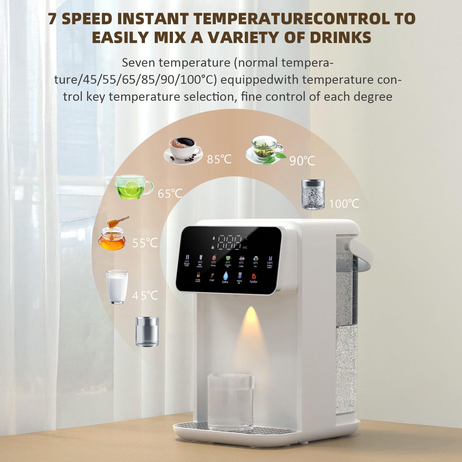 Distributeur d'eau chaude 2000W, Chauffage Rapide, 7 Réglages de Température, 8 Réglages de Volume, Écran Tactile, 3L pour cuisine bureau