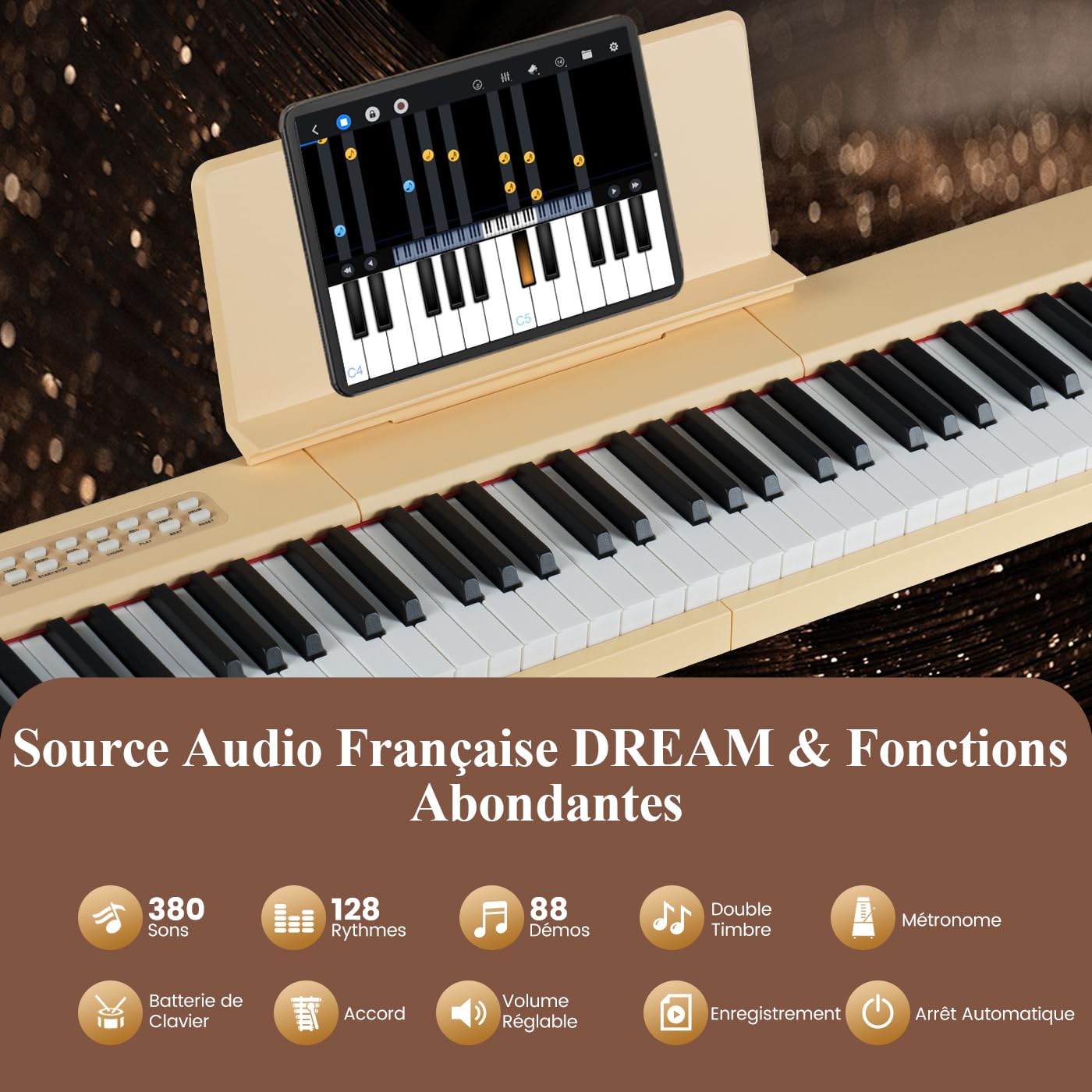 DREAMADE Clavier de Numérique 88 Touches, Clavier de Piano Électrique Portable avec Multiples Sources Audio, MIDI, Pédale, Pupitre, Adaptateur et Batterie Rechargeable (Jaune)