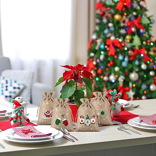 Miniatura 6 de 24 bolsas de regalo de Navidad con cordón, bolsa de arpillera de Navidad, bolsa de Navidad de algodón lavable para envoltura de dulces, recuerdos de