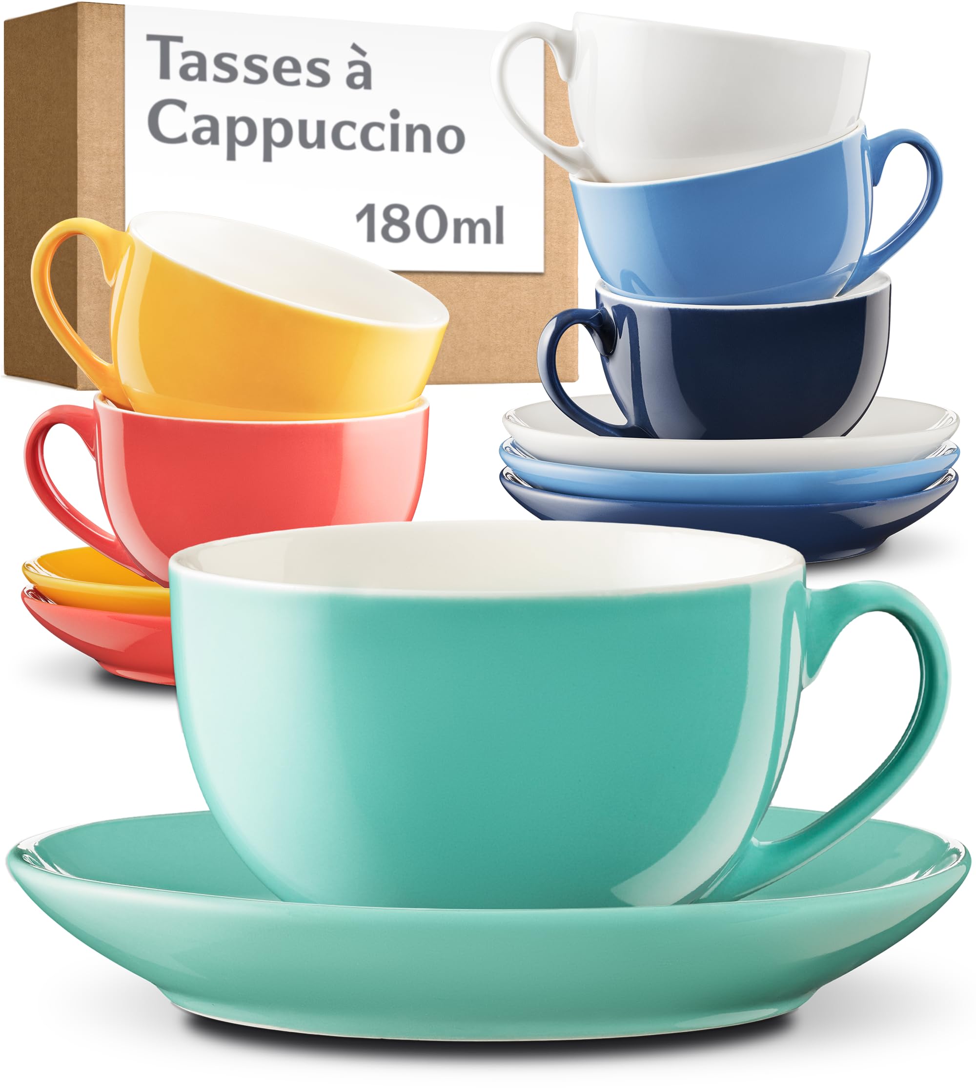 Cosumy Lot de 6 Tasses à Cappuccino Multicolore avec Soucoupes - 180ml Céramique Garde la Chaleur - Tasse à Cappuccino Empilables & Lave-vaisselle - Service à Café avec Anse - Service à Café - Coffret