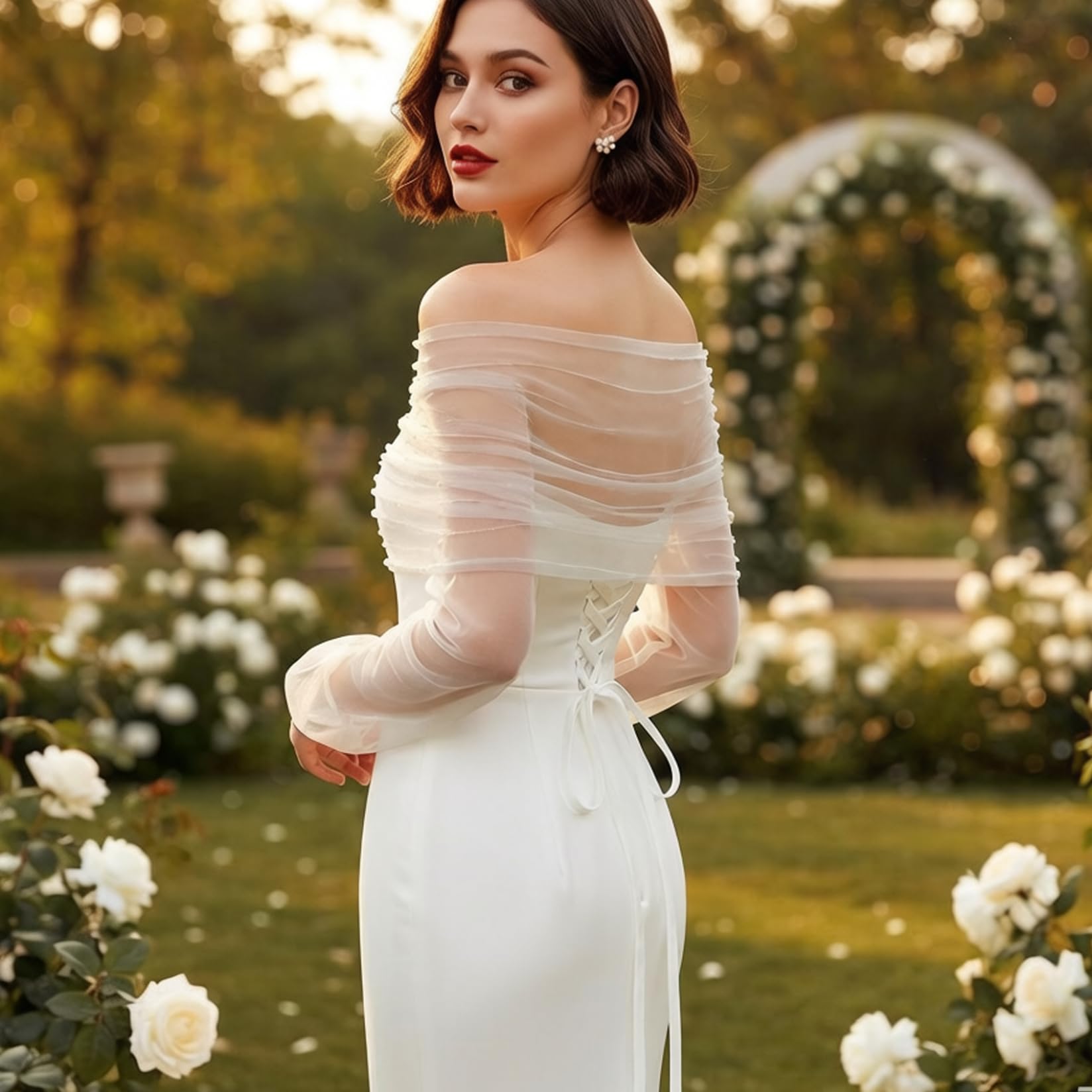Scialle da sposa, elegante scialle trasparente con spalle scoperte e maniche staccabili, coprispalle in tulle per la sposa