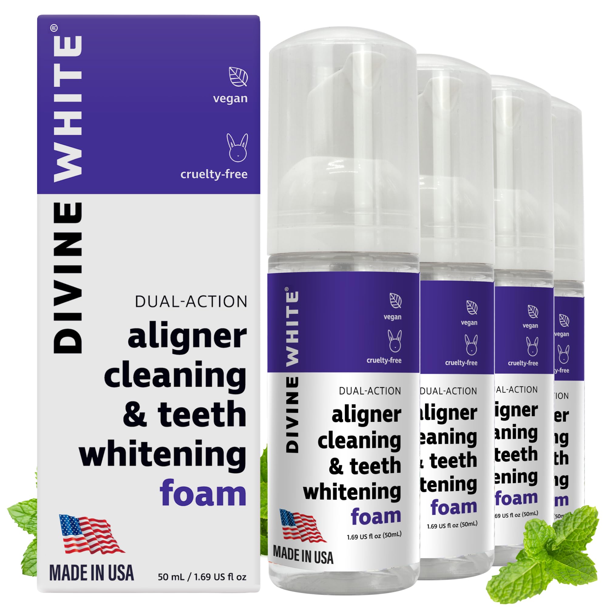 Divine White 2 in 1 Aligner Cleaning and Teeth Whitening Foam, Vegan Formula Invisalign, Hawley Trays, Aligners, Retainer Cleaner Foam, Menthol