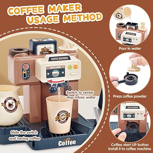 Miniatura 3 de Juego de cafetería de simulación para niños con cafetera de juguete, caja registradora, donas y accesorios, juego de roles interactivo de sonido y