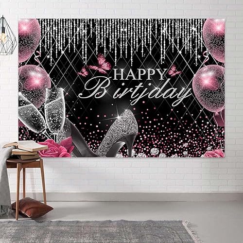 Miniatura 3 de Telón de fondo de feliz cumpleaños para mujer, 7 x 5 pies, color plateado, feliz cumpleaños, niñas, tacones altos, globo con purpurina, color