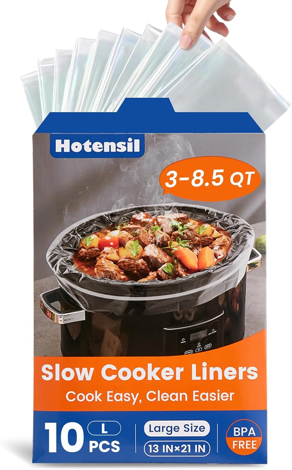 Slow Cooker Liners, Hotensil 13"x 21" 10 Count Cooking Bags Large Size Disposable Pot Liner, Fit 3QT to 8.5QT for Slow Cooker Cooking Trays, Multi-Purpose Durable Liners Plastic Bags, BPA Free