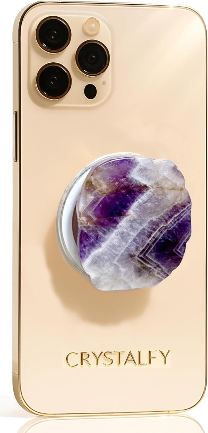 Grips by CRYSTALFY Crystal Magnetic Phone Grip Holder & Expanding Kickstand-Natural Gemstone Swappable Top Accessory for iPhone, iPad, Kindle & Mobile Devices-Magnetic, Chevron Amethyst Natural Edge