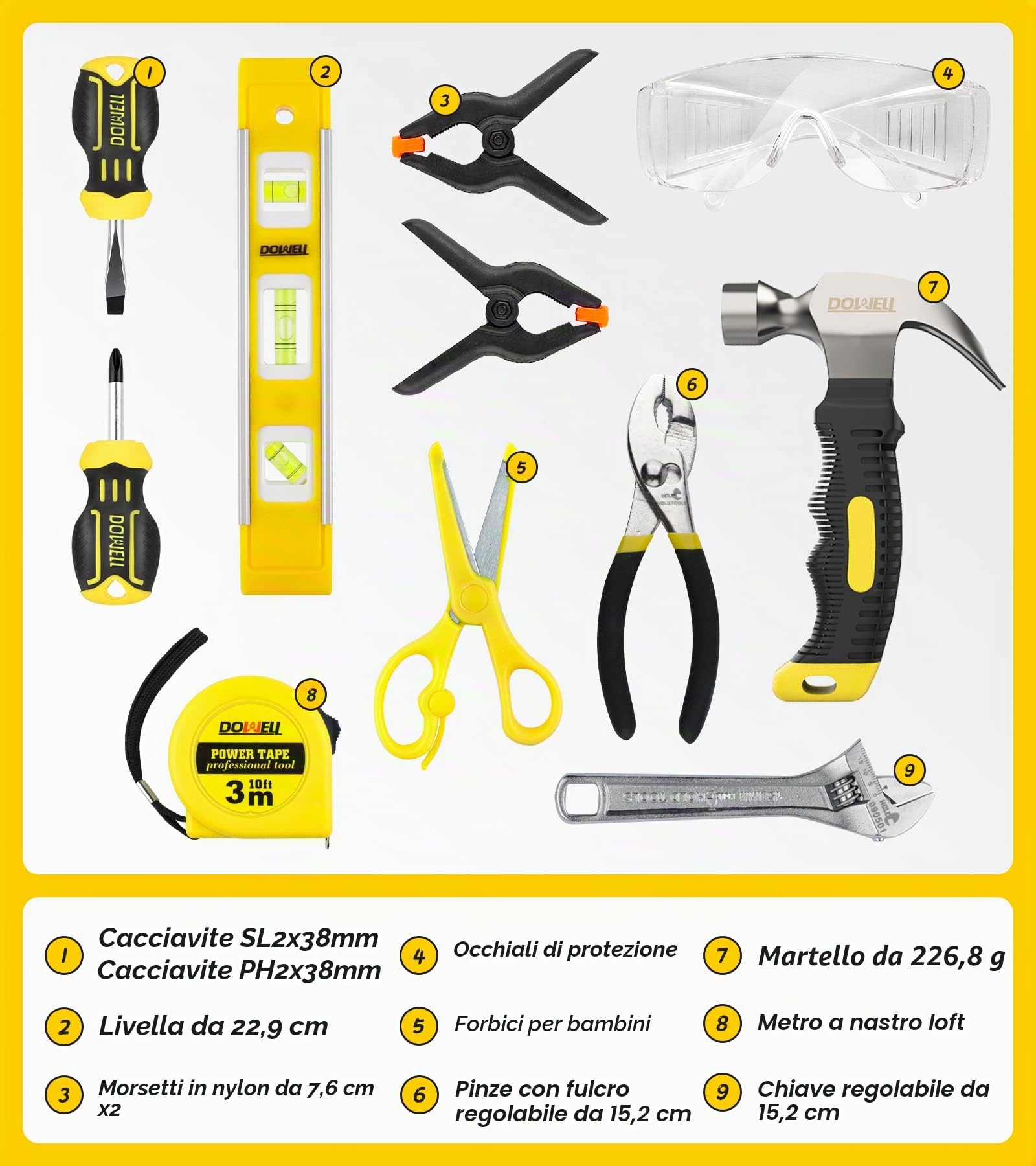 DOWELL Set di attrezzi per bambini con borsa per attrezzi inclusi strumenti manuali in vero metallo per ragazzi e ragazze