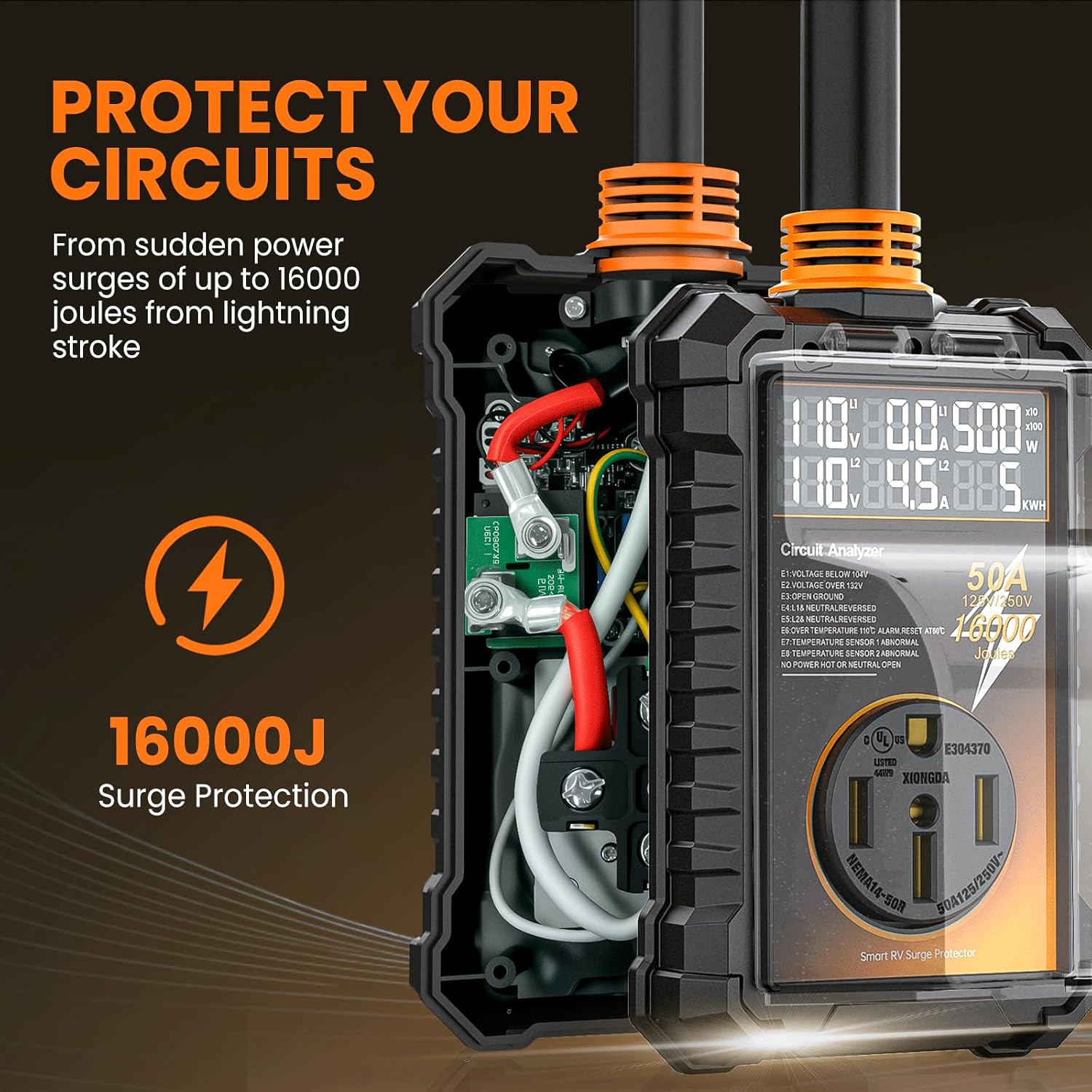 RV Surge Protector 50 Amp, 16000 Joules Surge Guard Protection with Waterproof Cover, Automatic Over/Under Voltage & Temperature Shutoff, 6 in 1 LED Display for Travel Trailers