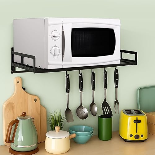 Miniatura 2 de Soporte de pared para microondas, estante de horno de 23.5 x 15 pulgadas con riel de gancho, soporte de encimera de acero al carbono negro para