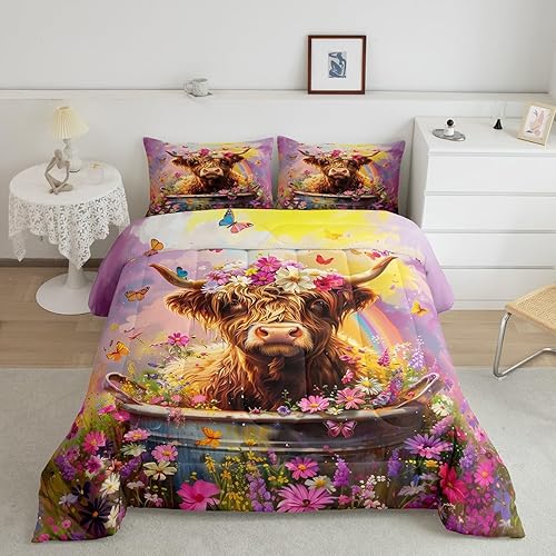 Feelyou Cute Highland Cow Comforter Set Cartoon Floral Animal Bedding Set Full S