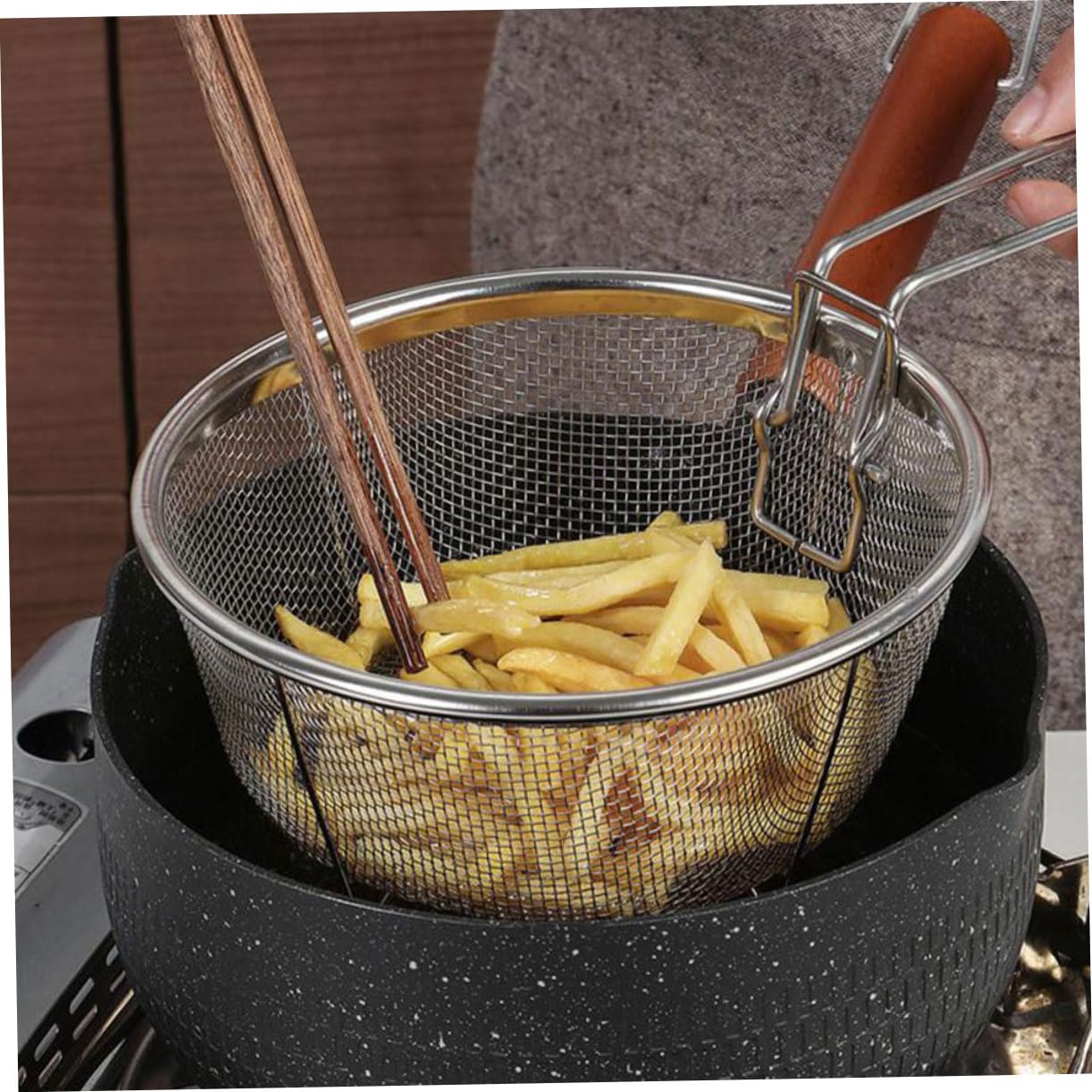 Garneck per Friggitrice con Maniglia Ergonomica 5 Pezzi in Acciaio Inox a Maglie Rotondo per Patatine Fritte