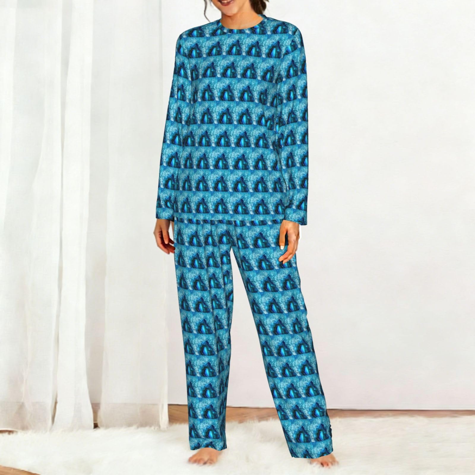 Bright Aqua Blue Stampa Donna Manica Lunga Pigiama Corrispondente Morbido Elastico Coulisse Casual Daywear