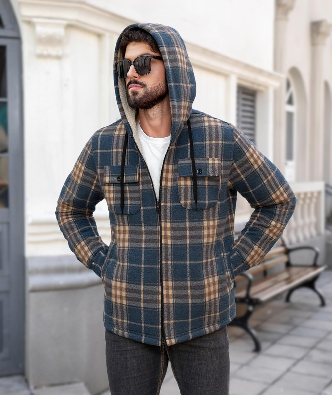 JACKETOWN Mens Flannel Hoodies Plaid Hoodies Winter Zip Up Fleece Jacket Sherpa Fleece Lined Warm Flannel Jacket Coat - Image 2