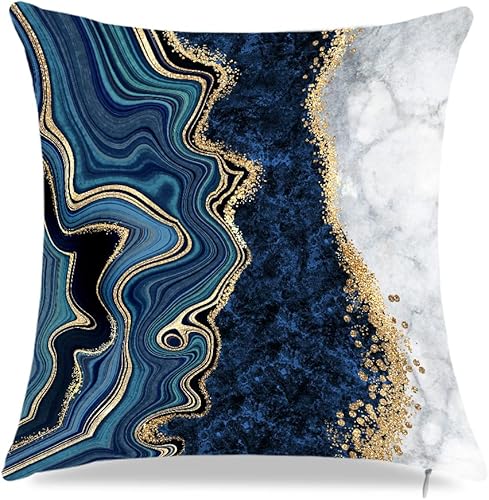 Miniatura 2 de Juego de 4 fundas de almohada decorativas de mármol abstracto dorado y azul de 18 x 18 pulgadas, fundas de cojín azules y doradas para sofá, sala de