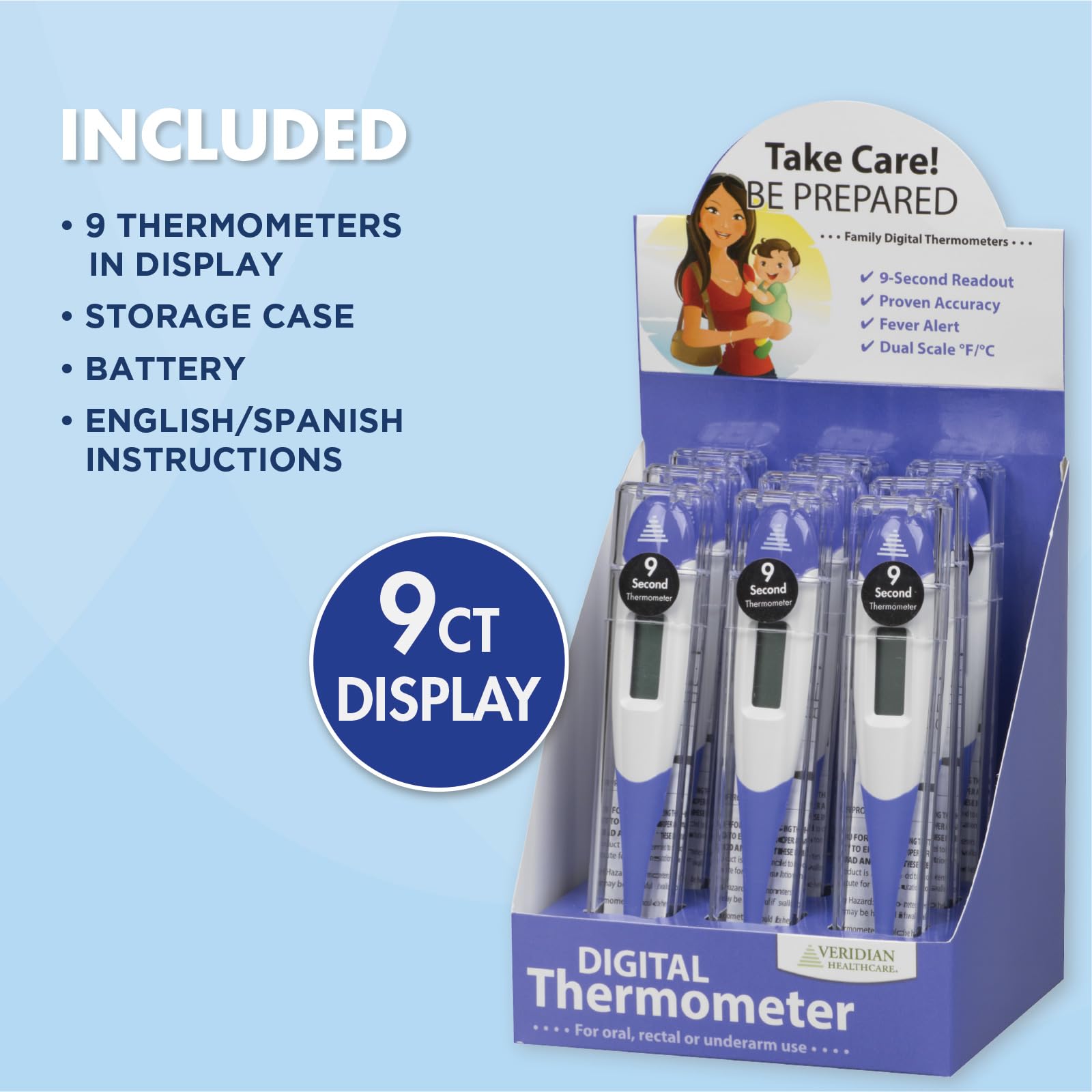 Veridian Digitales Thermometer | 9-Sekunden-Anzeige | 9-teiliges Display | flexible Spitze | hygienisch wasserabweisend einfache Reinigung | Aufbewahrungsbox + Anleitung enthalten