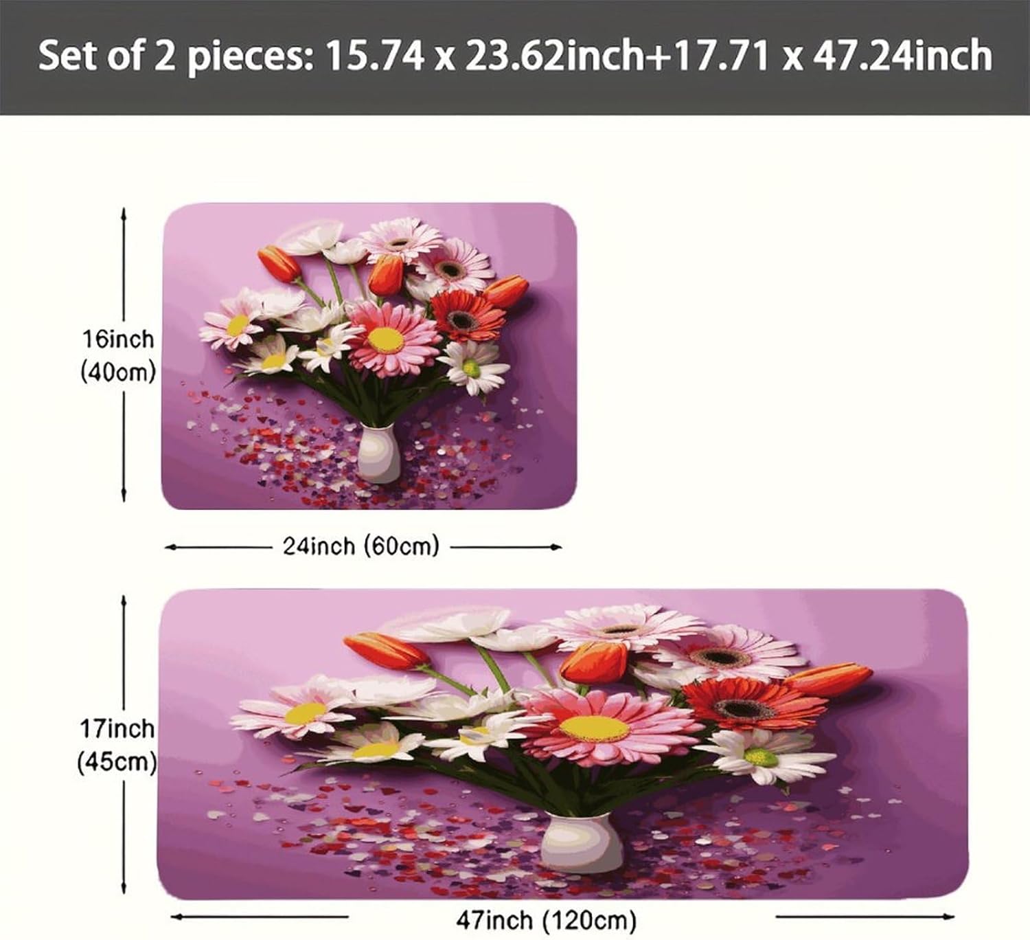 Fresh Flowers Kitchen Mats with 2PCS Non-Slip Washable,Kitchen Rug Heavy Duty Durable, Floor Mats for Kitchen,Office,Sink,Laundry