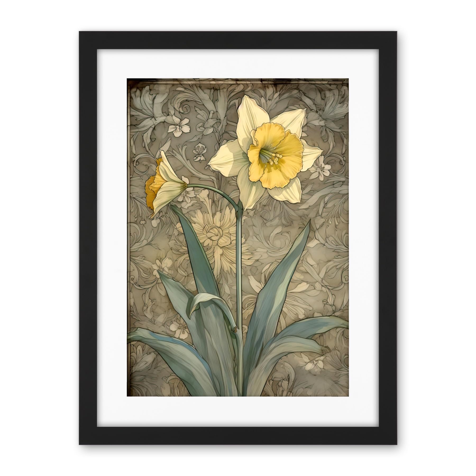 Artery8 Daffodil Flower Pastel Watercolour Art Nouveau Artwork Framed Wall Art Print 18X24 Inch