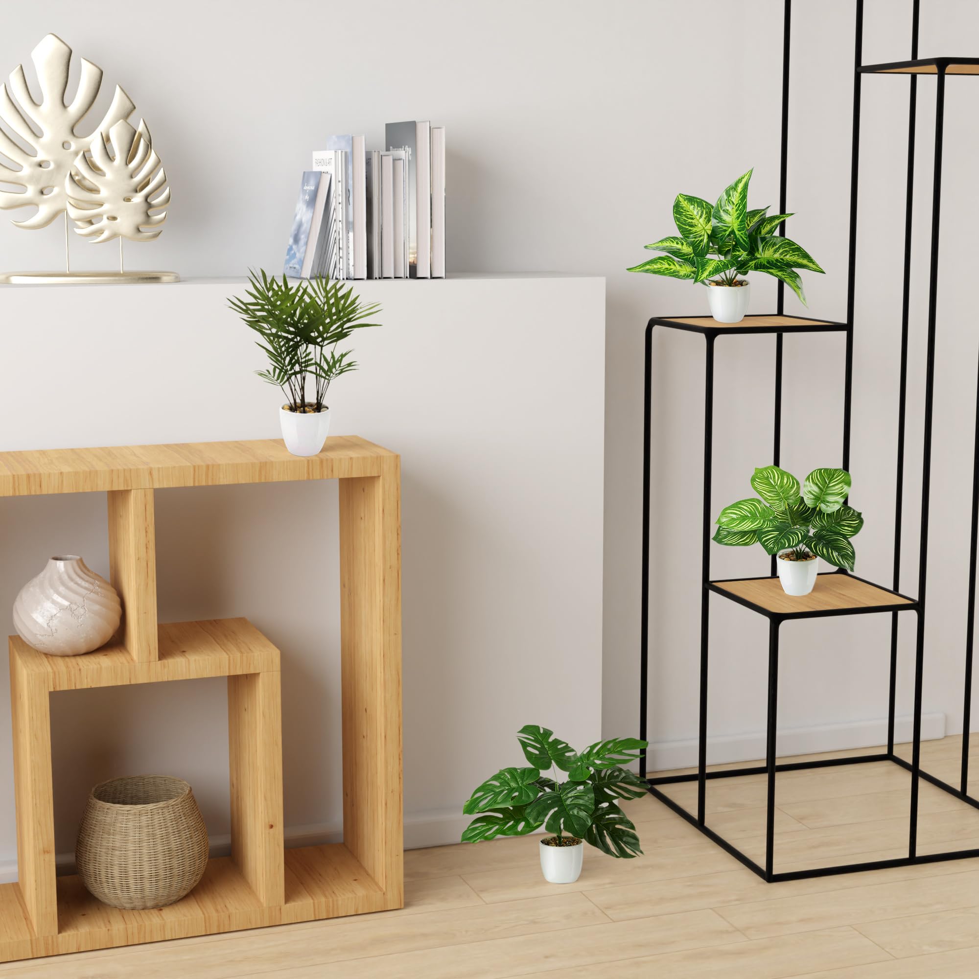 PASCH® Lot de 4 plantes tropicales artificielles comme de vraies plantes (25 cm) dans des pots en céramique blanche : entre autres Monstera artificiel & Palmier artificiel Areca | Plantes
