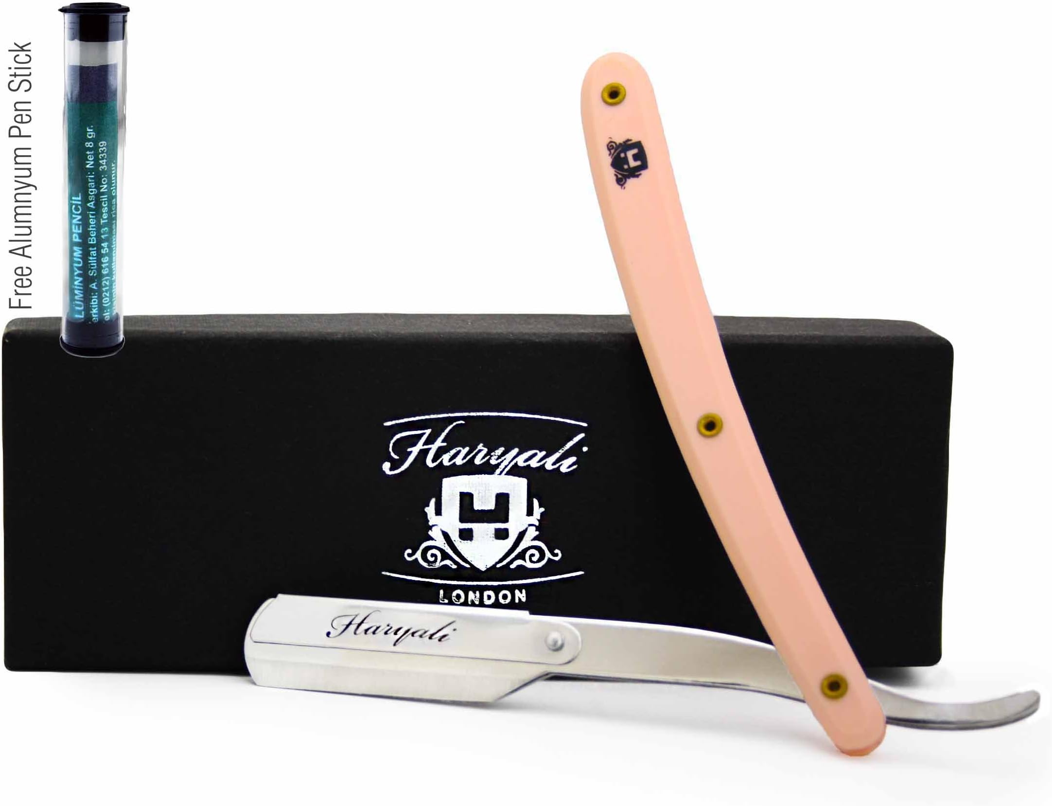 Cut Throat/Straight Razor for Men. Barber`s Sharp Knife Edge Single Blade Razor with Pink Handle and Alum Stick,Comes in a Designer Box