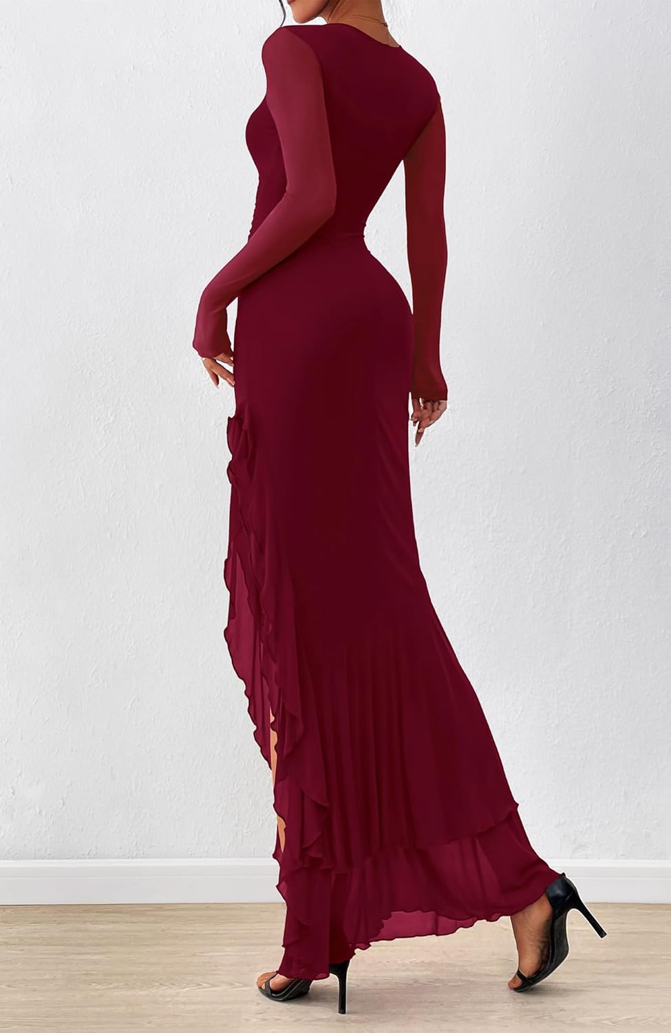 BTFBM Women's Maxi Dresses Spring 2026 Long Sleeve Ruched Bodycon Solid Ruffle Mermaid Cocktail Wedding Guest Dress - Image 3