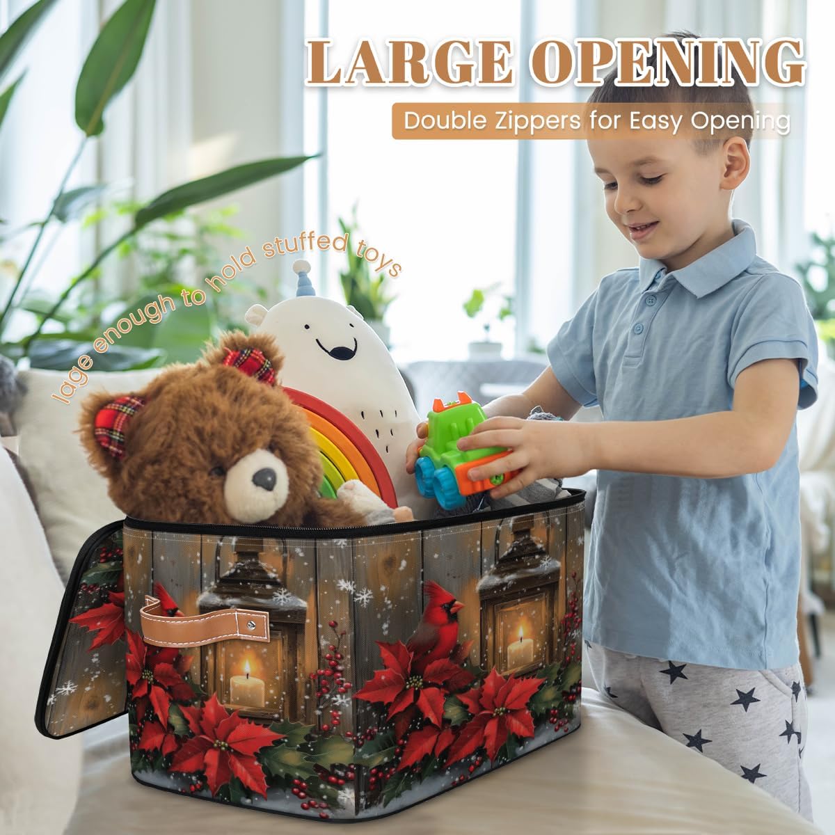 Storage Bin Set of 2 Cardinal Bird Berry Flower Storage Basket with Zipper Lid & Handle Foldable Closet Shelf 2 Pack Cloth Organizer Basket Cube Bins for Bedroom, Nursery