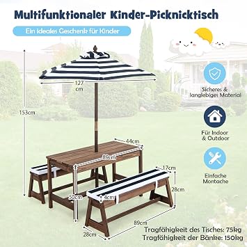 DREAMADE Children's Furniture Set with Parasol Children's Picnic Table with 2 Benches Garden Furniture for Children Made of Fir Wood Children's Bench for Outdoor and Indoor (Blue)