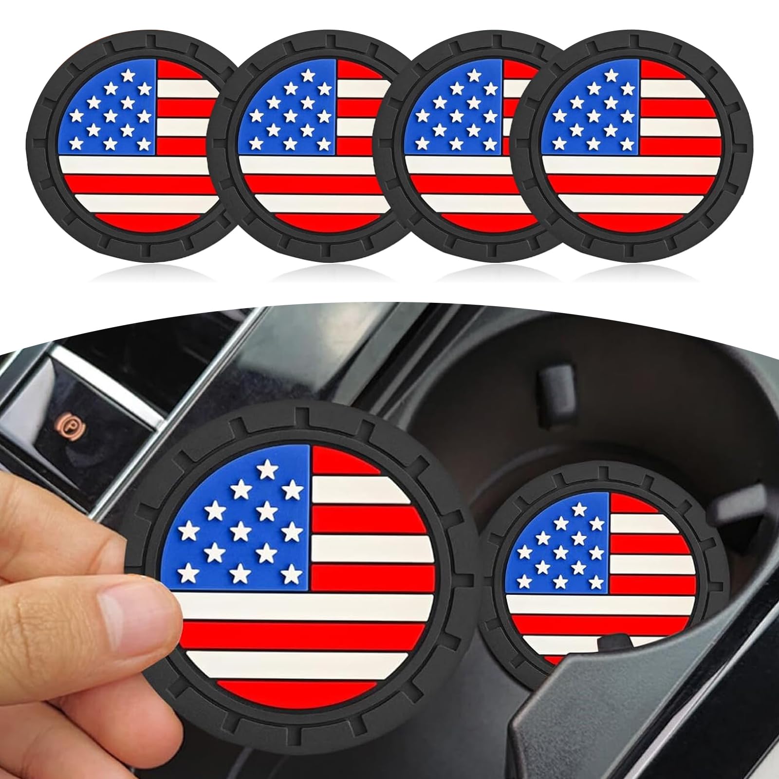 Slykew Pack-4 Car Cup Holder Coasters, 2.75 Inch Anti Slip Shockproof Embedded Drink Mat, American Flag Creative Decoration Coaster, Universal Car Interior Accessories (Multicolored)