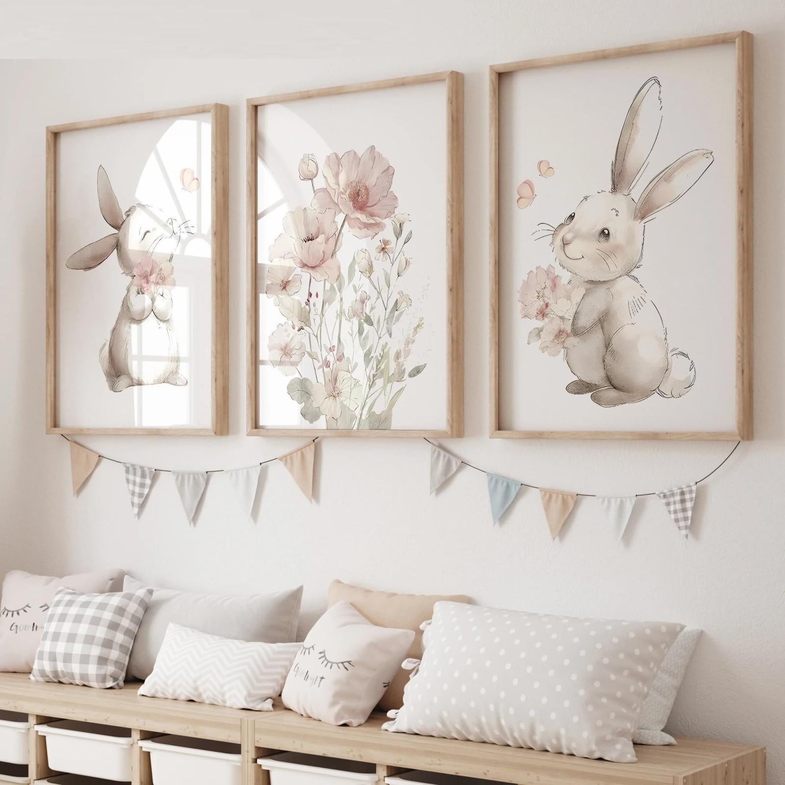 Baibexing Cartoon Flower Rabbit Wall Art Print Canvas Painting Poster Picture For Living Room,Bedroom Home Decor 21X30Cmx3Pcs Unframed