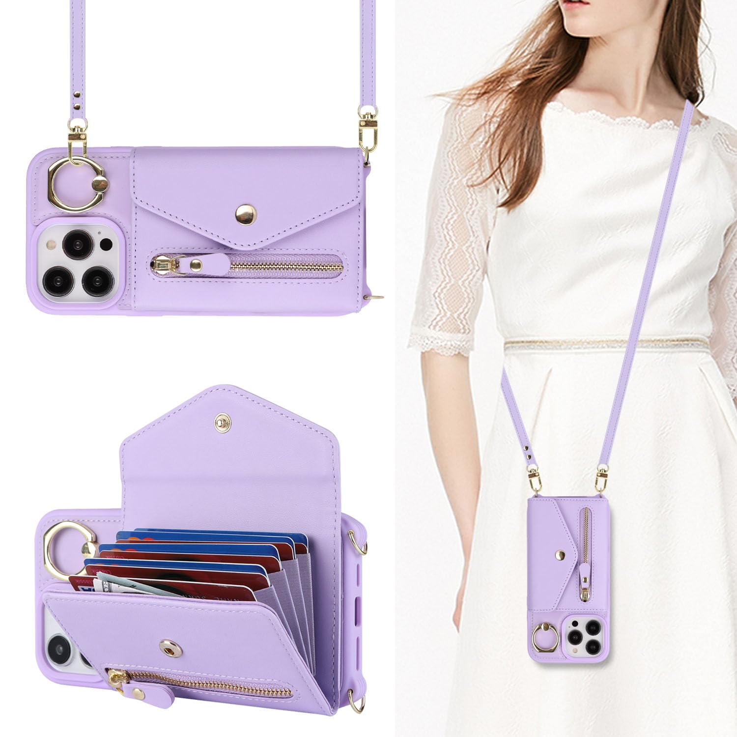 for iPhone 14 Pro Max Case with Zipper Card Holders and Strap for Women, iPhone 14 Pro Max Phone Case Wallet Compatible PU Leather Button Flip Shockproof Wallet Case for Men-Purple